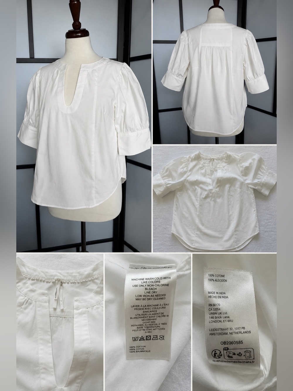 Anthropologie White Cotton Puff Sleeve Popover Top Size S